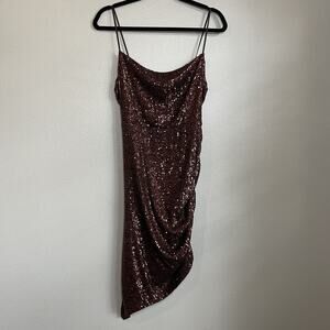Express Sequin Dress Brown Size XS Spaghetti Strap Party Stretchy Asymmetrical